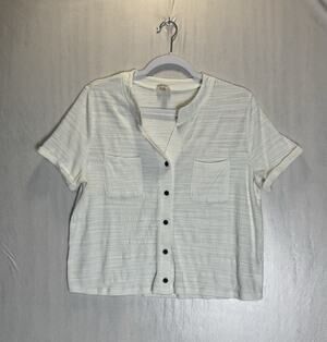 Greige Womens Ivory Slub Texture Button Top Coastal Chic Lagenlook Minimal Sz L